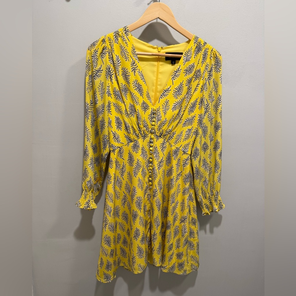 Saloni Silk Mini Dress – Size 2 – Yellow Leaf Print – Long Sleeves – Buttons